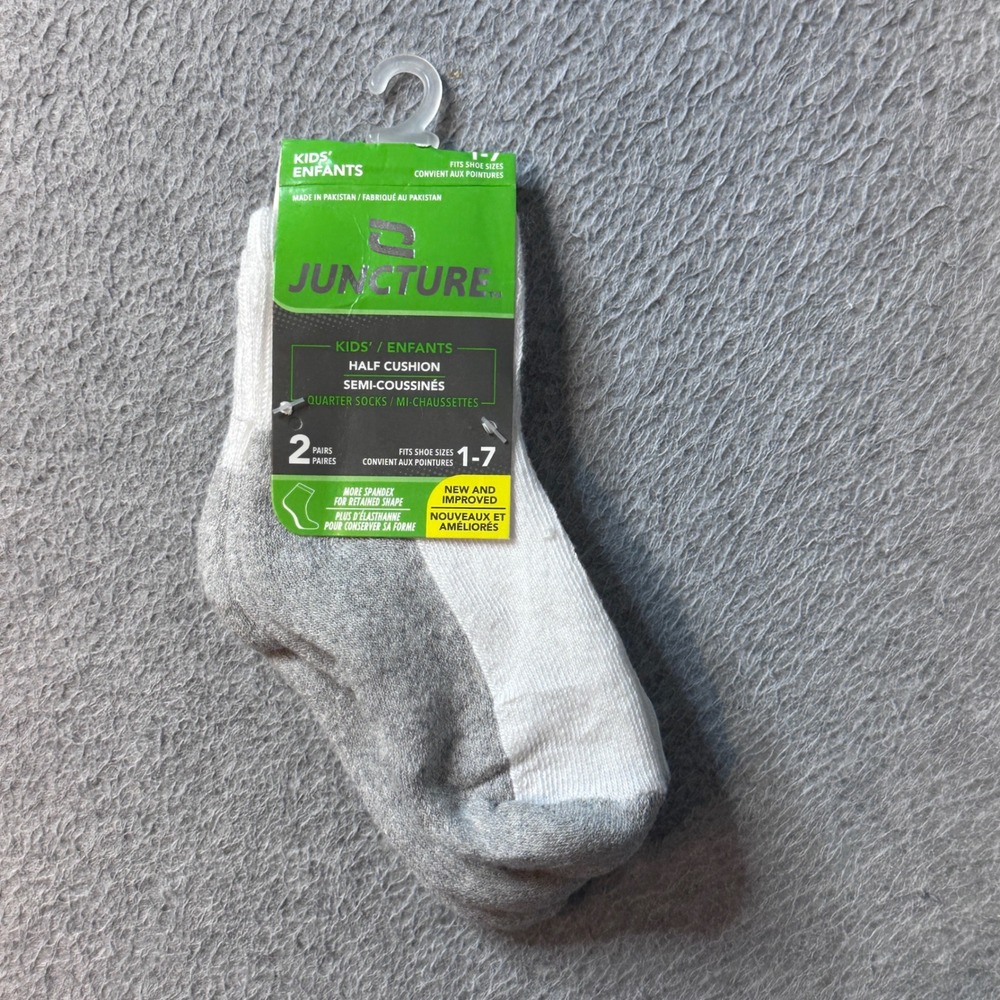 Juncture Quarter Socks Kids Size 1-7 White Grey Half Cushion 2 Pairs‎ QTR48WB
